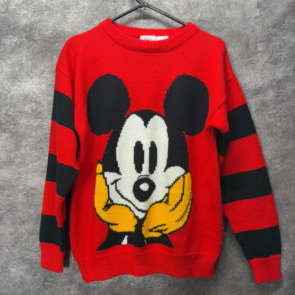 Vintage 80s Mickey & Co Disney Mickey Mouse Sweater Size S Red Black Striped